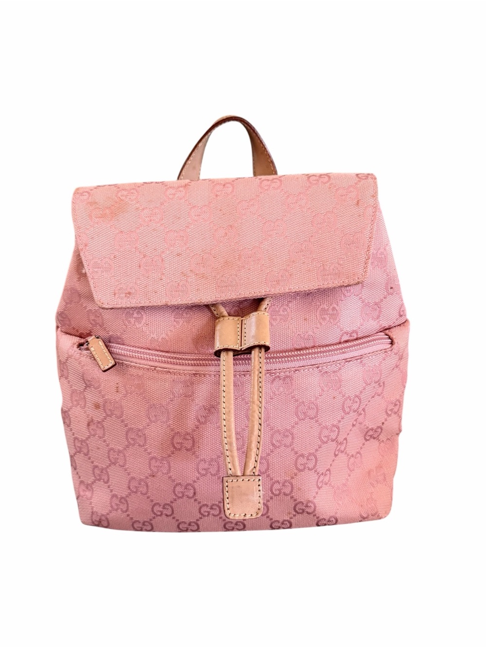Gucci Pink Monogram Drawstring Backpack with Tan Trim